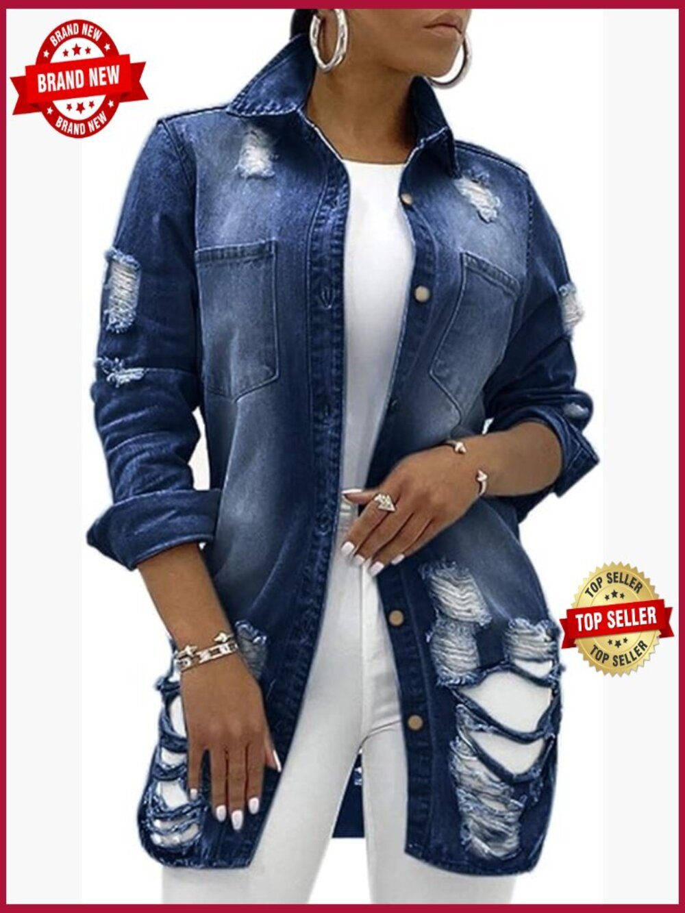 Women's Long Sleeve Classic Trucker Denim Jacket Coat with Pockets